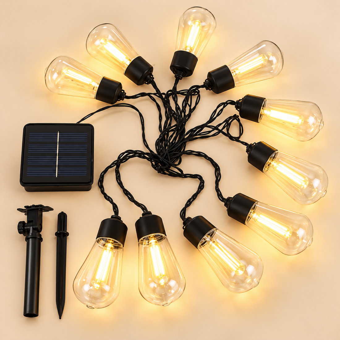 Guirnalda Solar LED 10 Metros | 10 Ampolletas de Luz Cálida