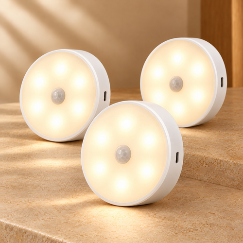 Pack de tres lámparas LED reales con luces difusas visibles, sensor central y puerto USB lateral